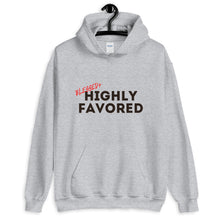 Load image into Gallery viewer, Blessed+ Highly Favored Hoodie (Red/Black Font)