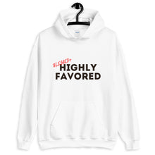 Load image into Gallery viewer, Blessed+ Highly Favored Hoodie (Red/Black Font)